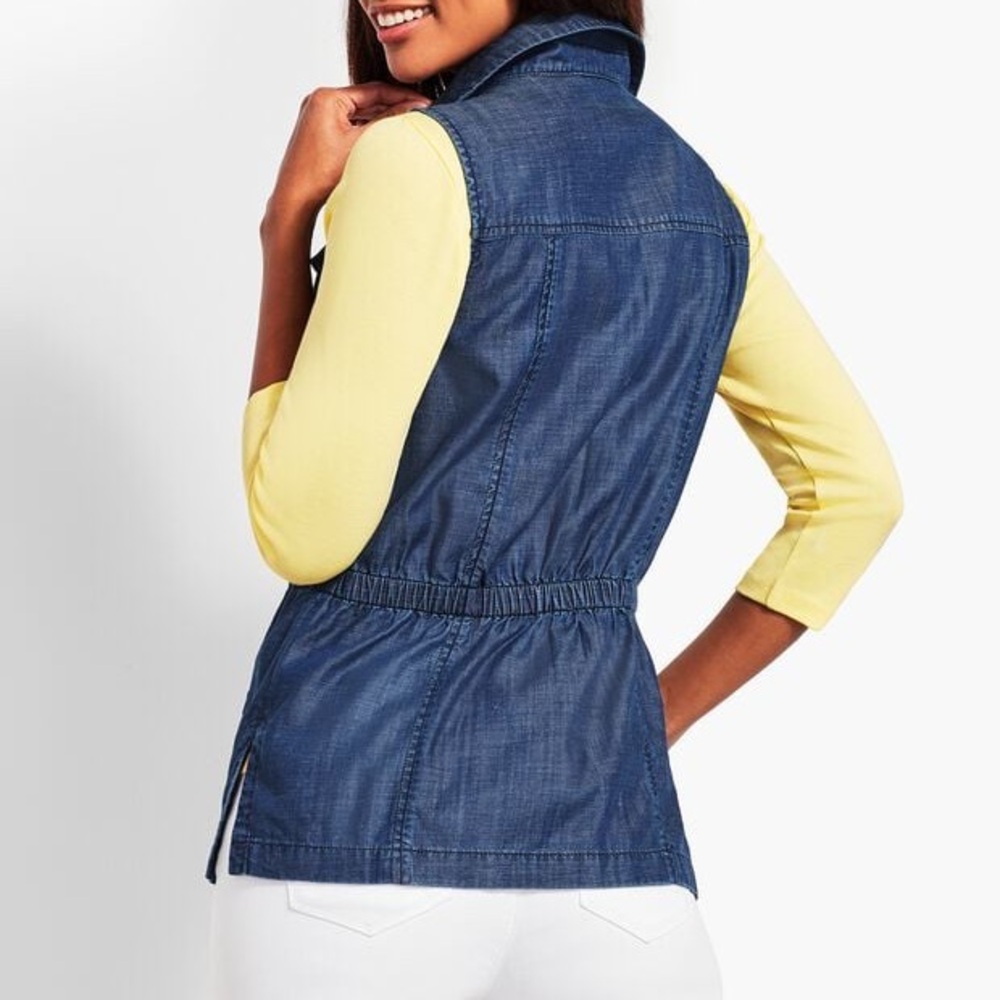 Talbots Adjustable stand collar Dark CHAMBRAY VEST Pockets Sleeveless Botton - Picture 2 of 7
